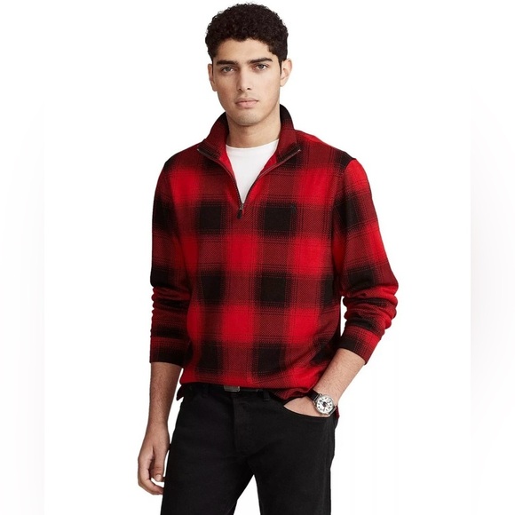 Polo Ralph Lauren Men Red Black Buffalo Plaids Quarter Zip Sweater Size Large - Picture 1 of 12